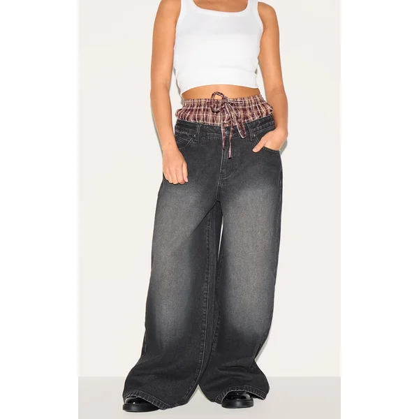 Petite Black Denim Double Layered Boxer Boyfriend Jeans