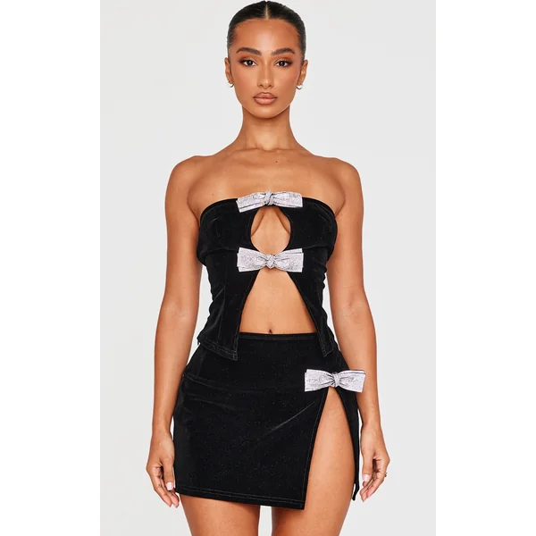 Petite Black Diamante Bow Detail Velvet Top