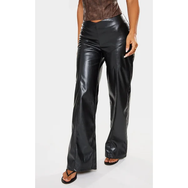 Petite Black Dipped Front Waist Faux Leather Pants