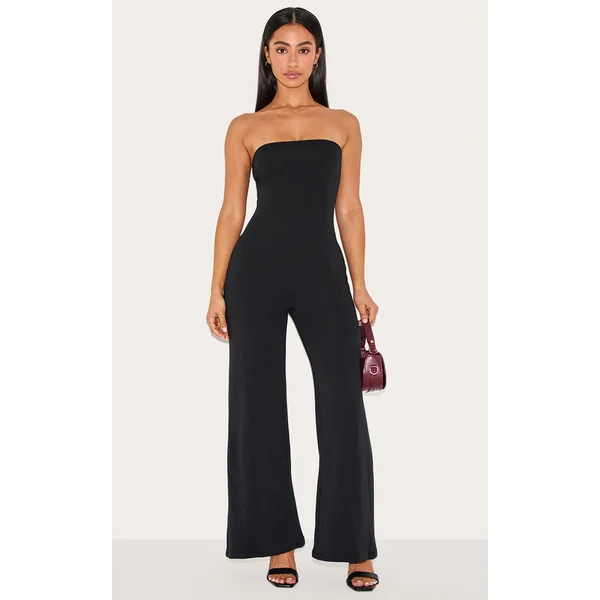Petite Black Double Layer Jersey Bandeau Wide Leg Jumpsuit
