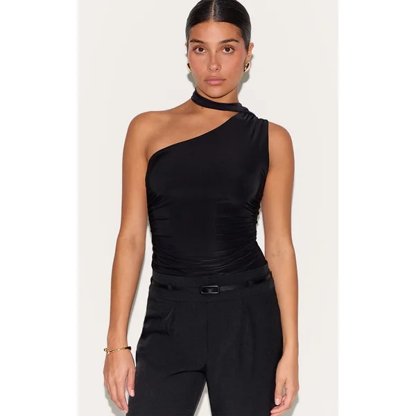 Petite Black Double Layer Tie Detail Long Top