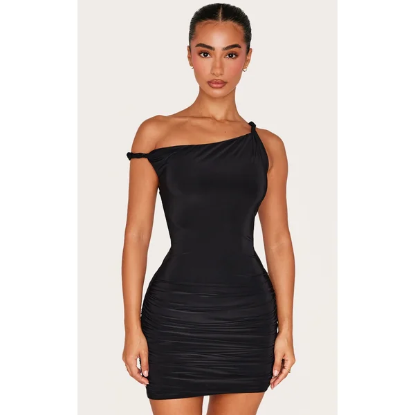 Petite Black Double Slinky Asymmetric Neckline Twist Detail Mini Dress