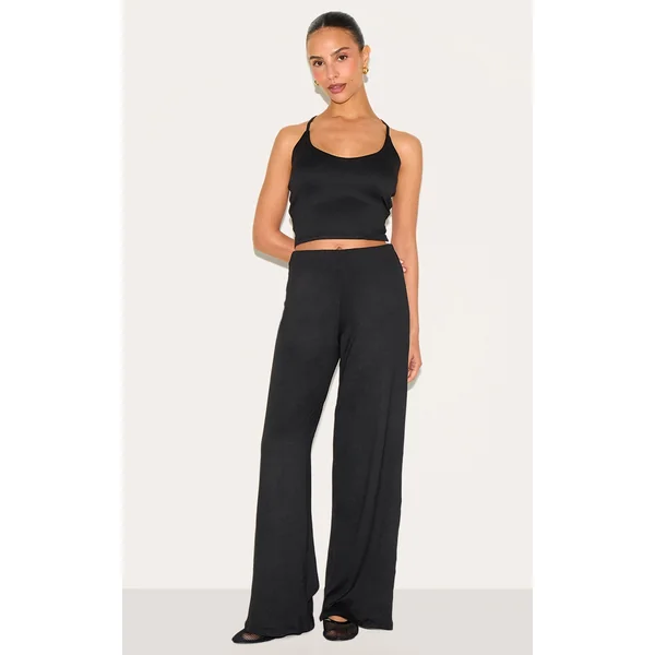 Petite Black Elasticated Waistband Wide Leg Pants
