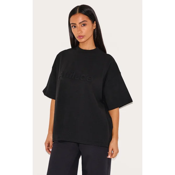 Petite Black Embossed Oversized T-shirt