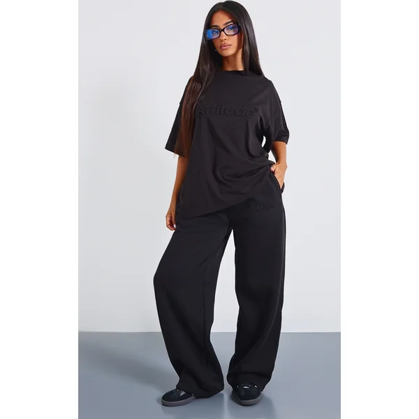 Petite Black Embossed Wide Leg Sweatpant