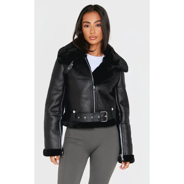 Petite Black Faux Leather Aviator Jacket