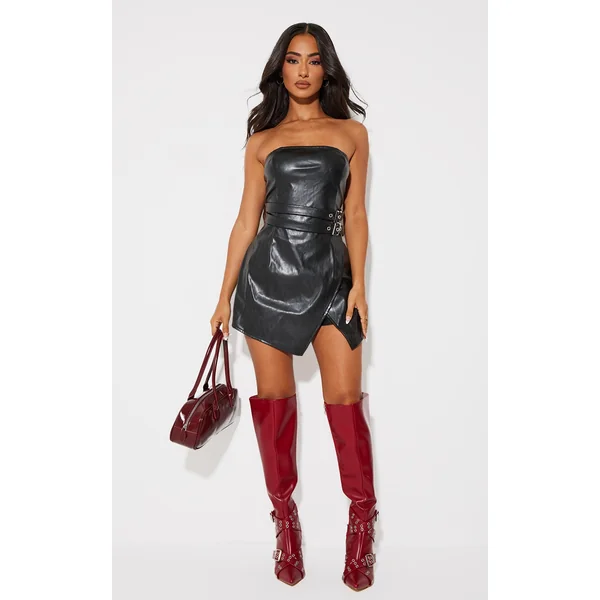 Petite Black Faux Leather Bandeau Belt Detail Romper