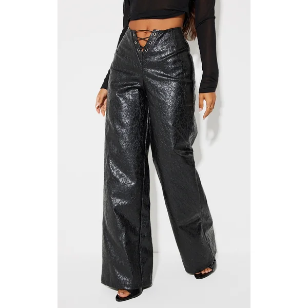 Petite Black Faux Leather Cracked Effect Lace Up Wide Leg Pants