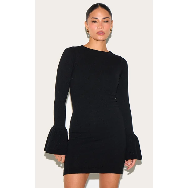 Petite Black Fine Knit Boatneck Mini Dress