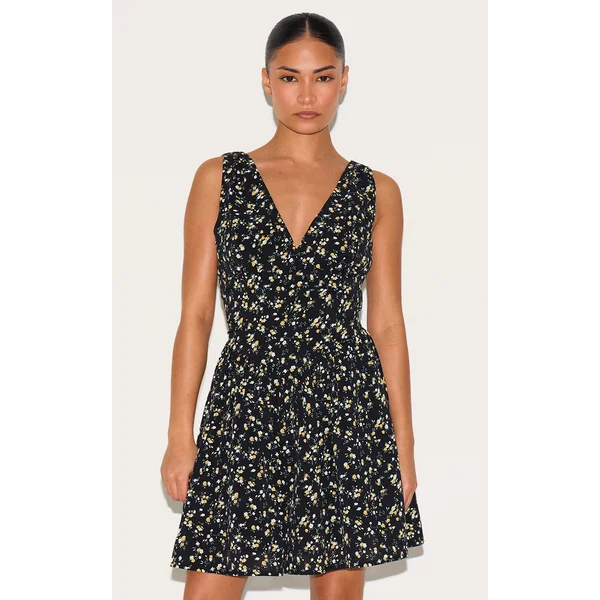 Petite Black Floral Detail Mini Shift Dress