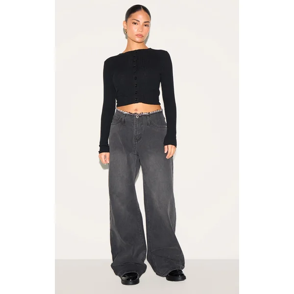Petite Black Fray Waist Low Rise Straight Leg Jeans