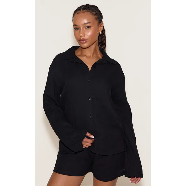 Petite Black Gauze Long Sleeve Short Pj Set