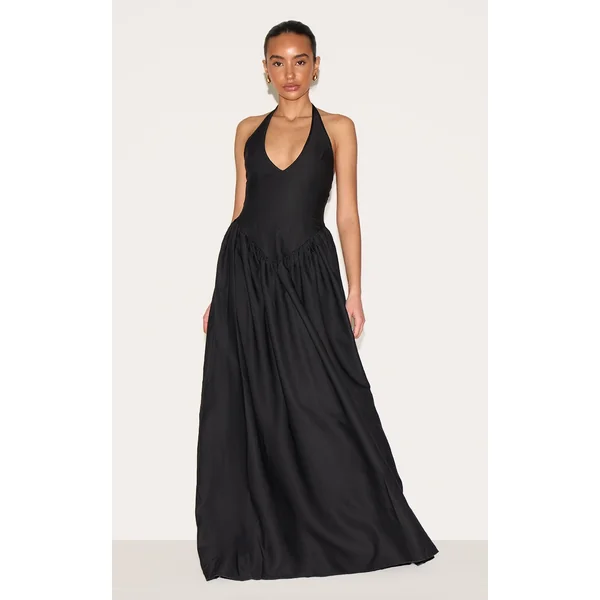 Petite Black Halter Neck Floaty Maxi Dress