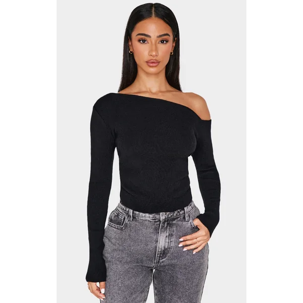 Petite Black Knitted Asymmetric Long Sleeve Top