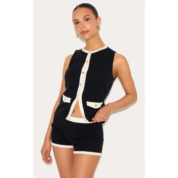 Petite Black Knitted Contrast Detail Long Button Top