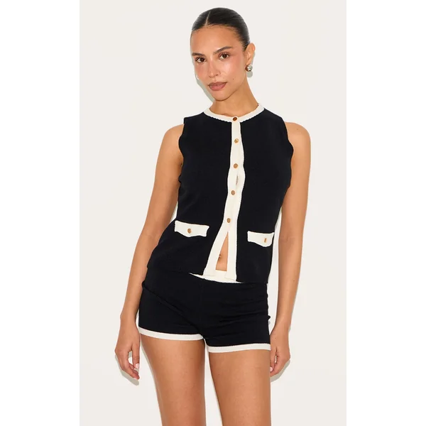 Petite Black Knitted Contrast Detail Mini Shorts