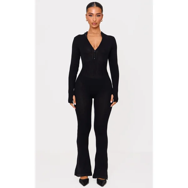 Petite Black Knitted Flared Zip Up Jumpsuit