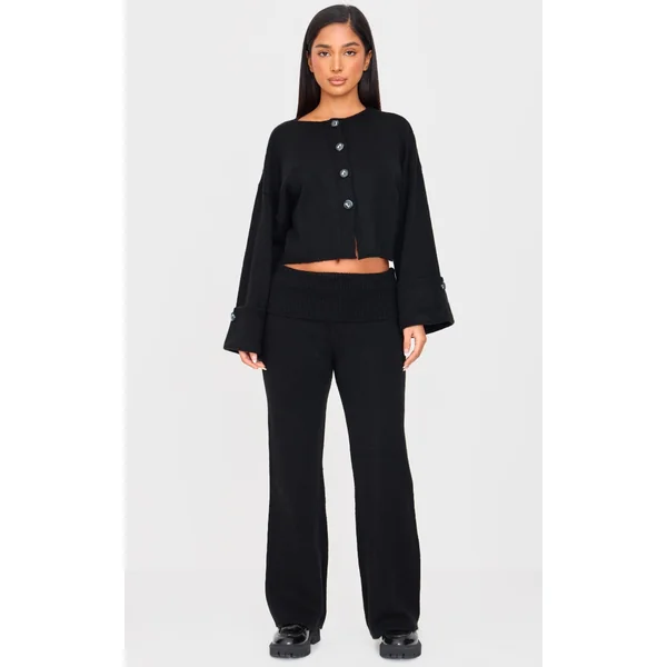 Petite Black Knitted Fold Over Flare Pants