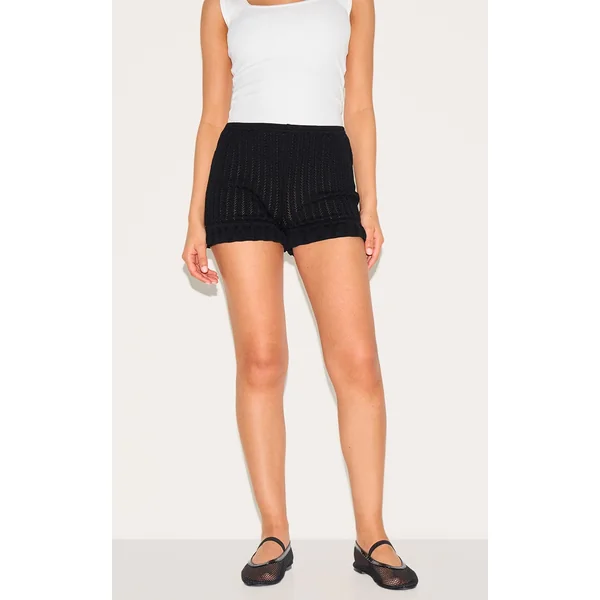 Petite Black Knitted Frill Mini Shorts