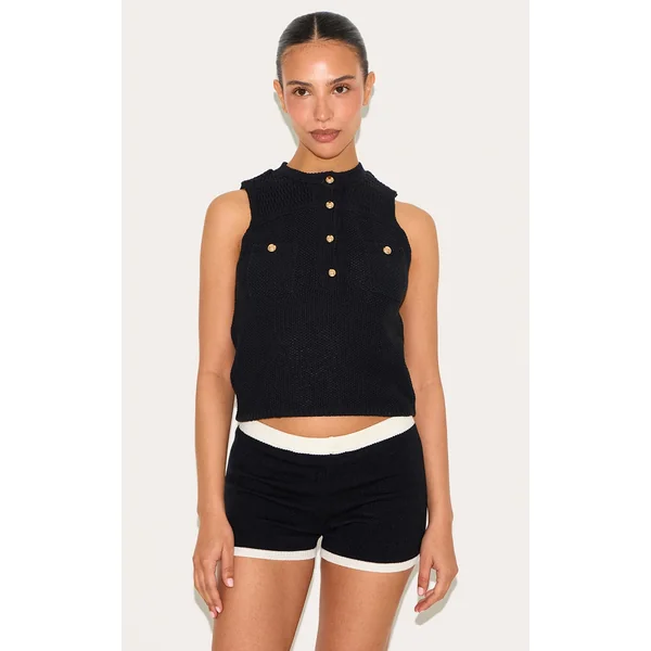 Petite Black Knitted Long Top With Button Details