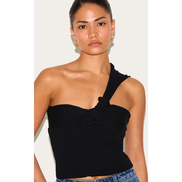 Petite Black Knitted One Shoulder Bow Top