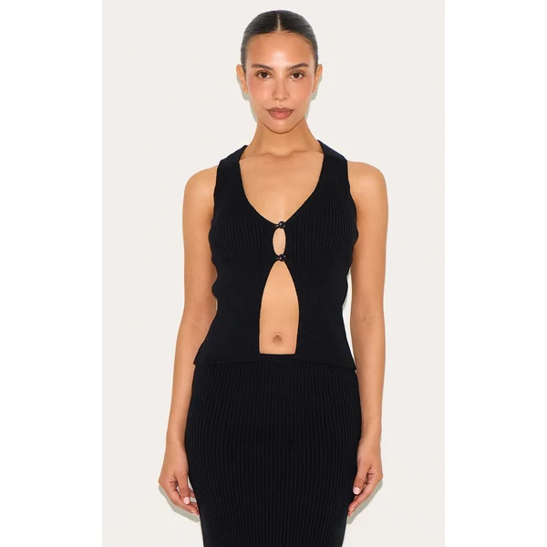 Petite Black Knitted Open Front Longline Vest