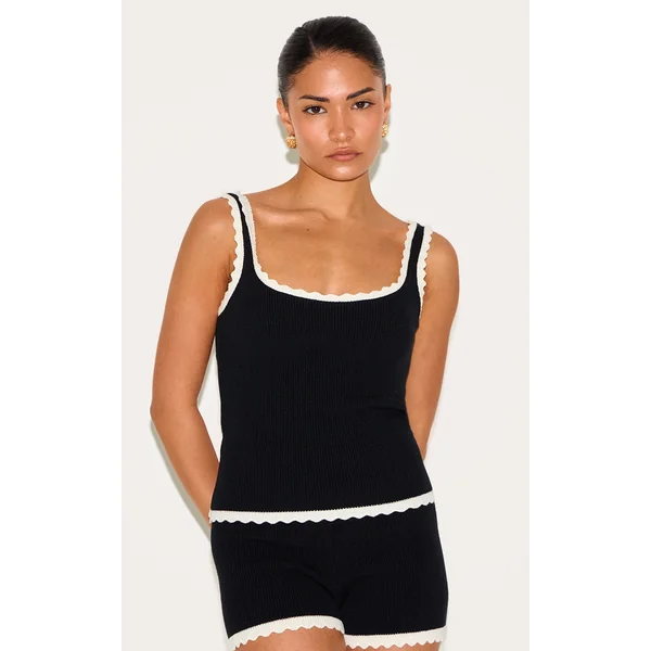 Petite Black Knitted Scallop Edge Scoop Tank Top