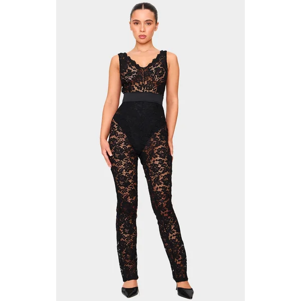 Petite Black Lace Ribbon Detail Straight Leg Jumpsuit