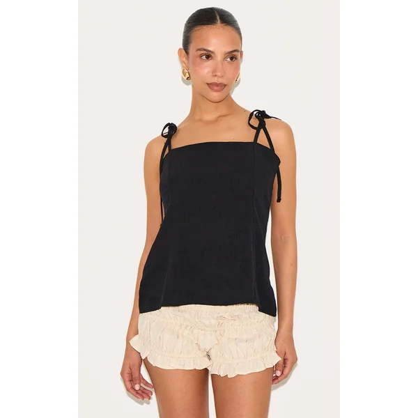 Petite Black Lightweight Linen Look Woven Tie Strap Cami Top