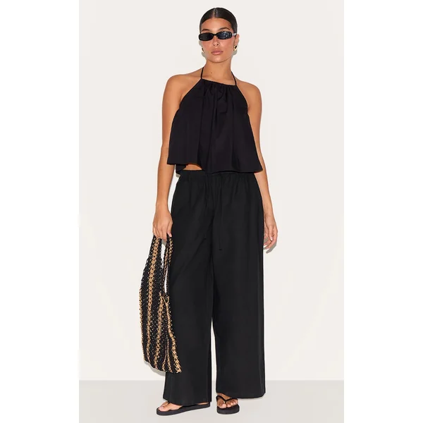 Petite Black Linen Drawstring Waist Pants