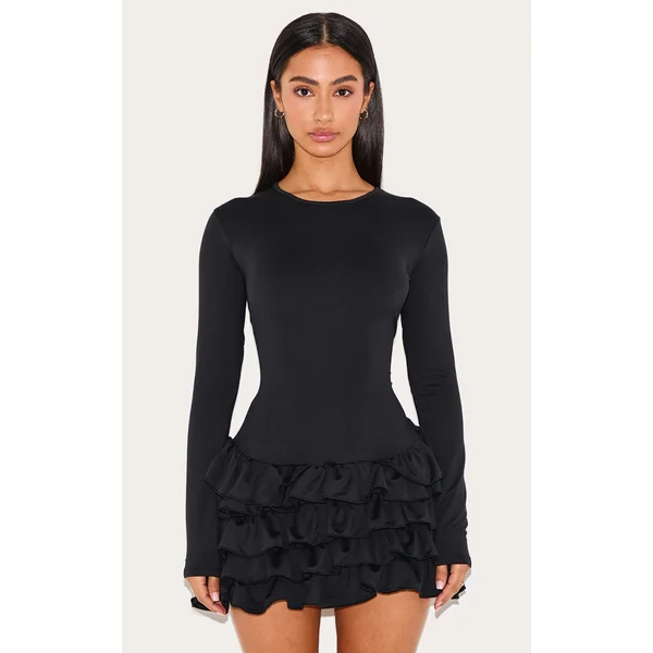 Petite Black Long Sleeve Frill Detail Shift Mini Dress