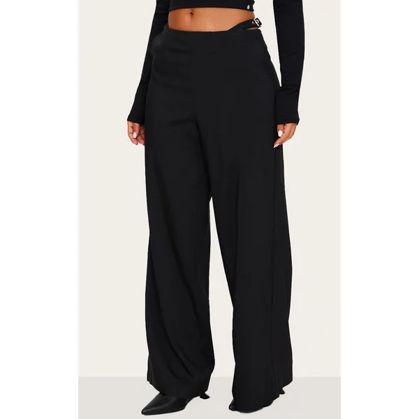 Petite Black Low Rise Cut Out Buckle Detail Wide Leg Pants