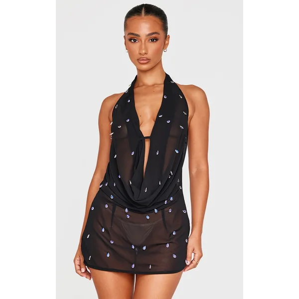 Petite Black Mesh Embellished Mini Dress