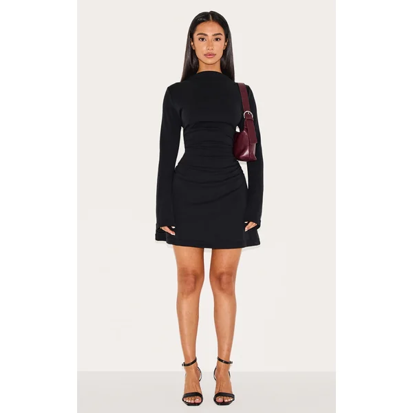 Petite Black Modal Long Sleeve Ruched Mini Dress
