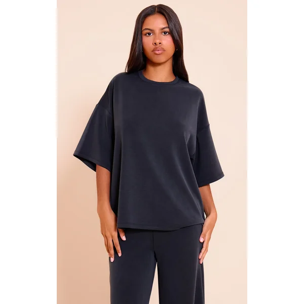 Petite Black Modal Oversized Short Sleeve Top