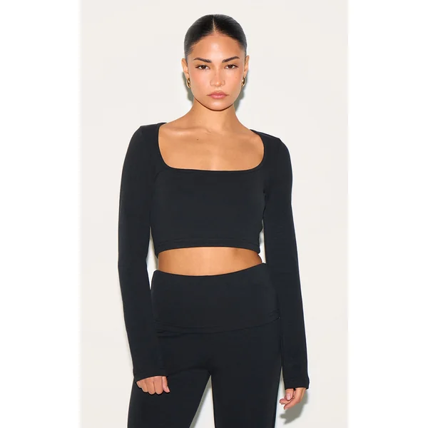 Petite Black Modal Scoop Neck Crop Top Long sleeve