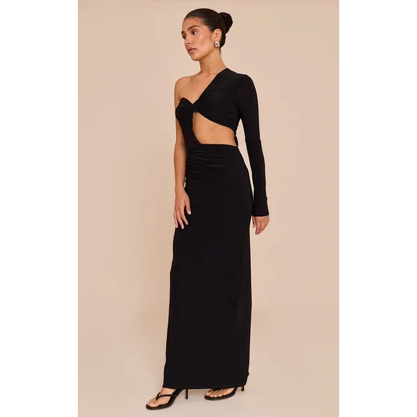 Petite Black One Shoulder Cut Out Ruched Maxi Dress