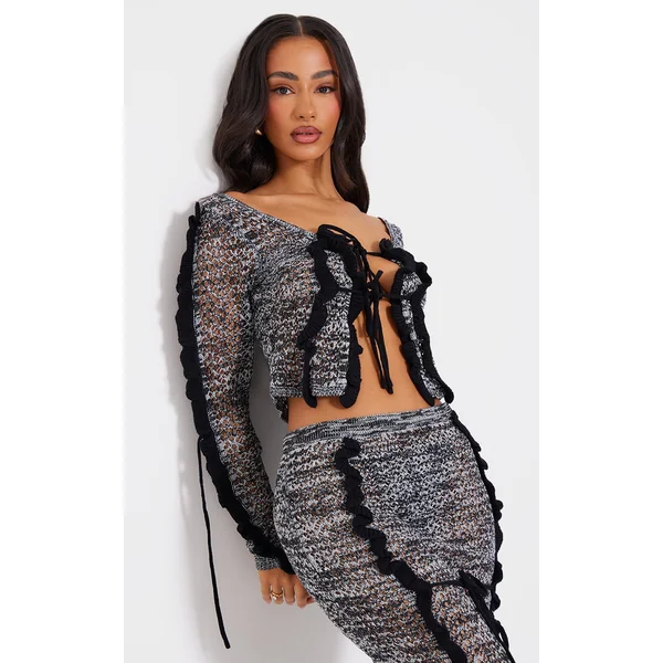 Petite Black Open Knit Frill Detail Top