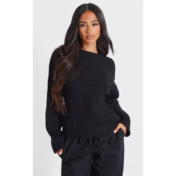 Petite Black Oversized Fluffy Knitted Sweater