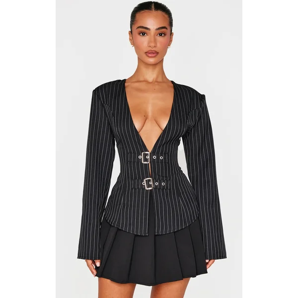 Petite Black Pinstripe Long Sleeve Trim Detail Shirt