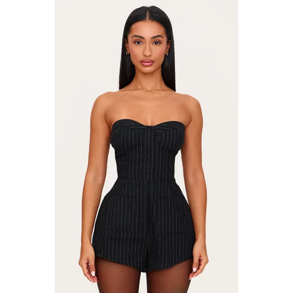 Petite Black Pinstripe Woven Bandeau Romper