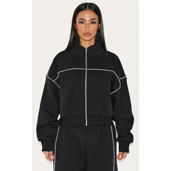 Petite Black Piping Detail Track Top