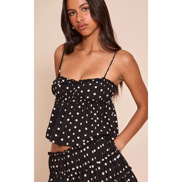 Petite Black Polka Dot Strappy Frill Top