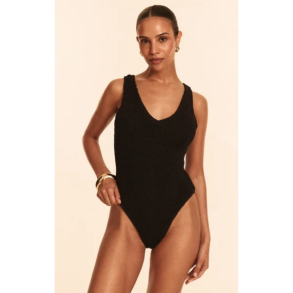 Petite Black Premium Crinkle Plunge Swimsuit