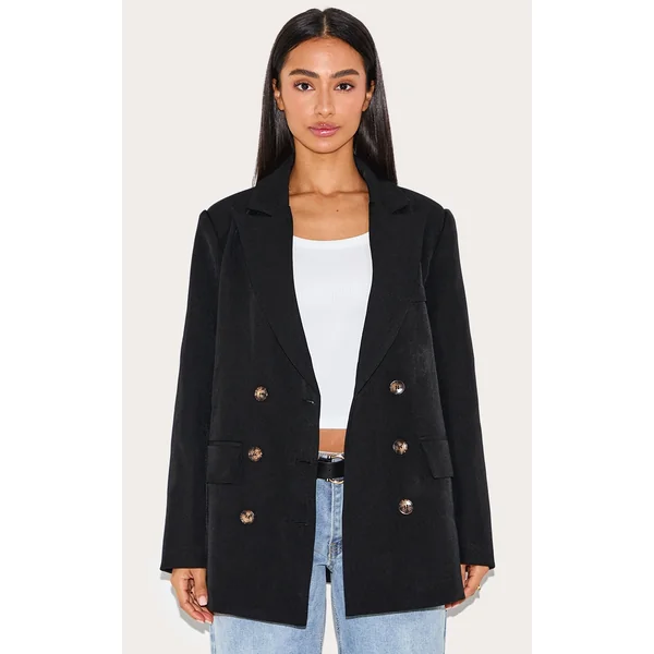 Petite Black Premium Double Breasted Button Detail Blazer