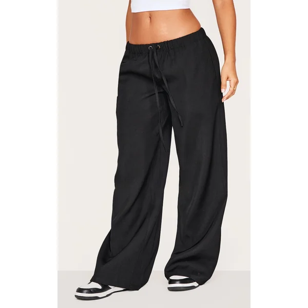 Petite Black Premium Woven Drawstring Waistband Low Rise Pants