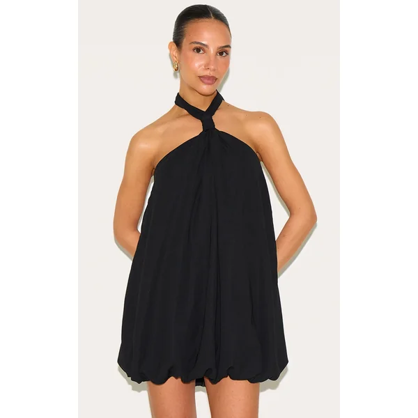 Petite Black Puffball Halter Neck Mini Dress