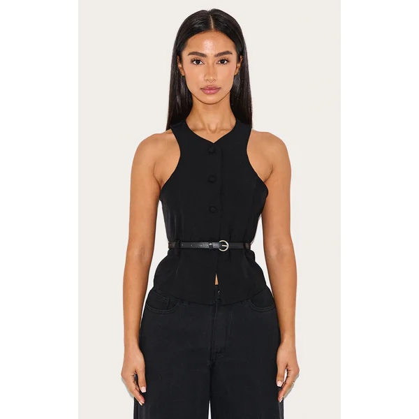 Petite Black Racer Belt Detail Longline Vest