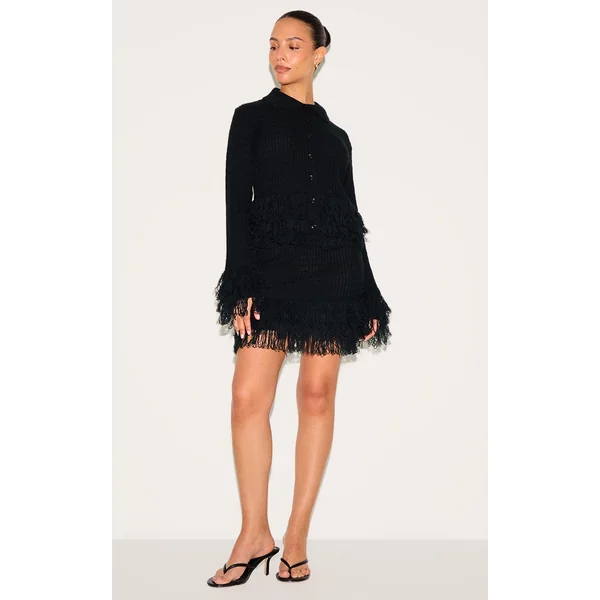 Petite Black Rib Fringe Hem Knit Skirt
