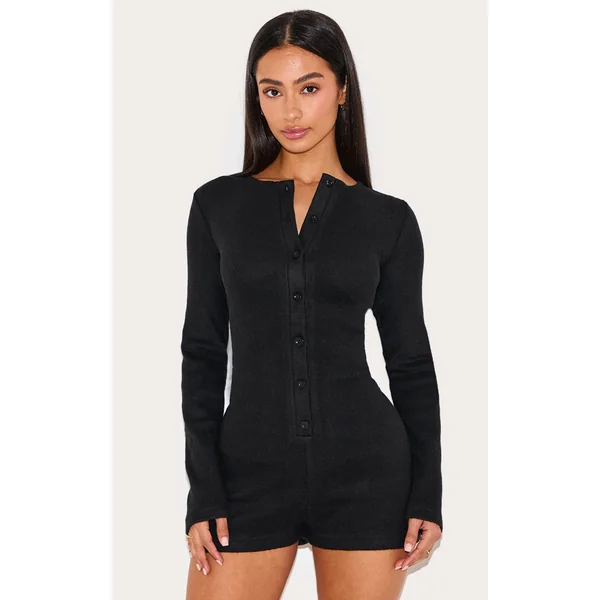Petite Black Ribbed Long Sleeve Button Up Romper